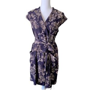 Maeve Silk Blue & Tan Midi Dress with Front Tie Size 4